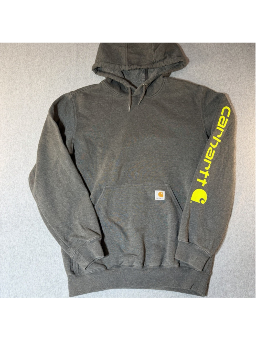 Carhartt Gray Fleece Hoodie Size S Lime Green Sleeve Graphic Logo sweatshirt